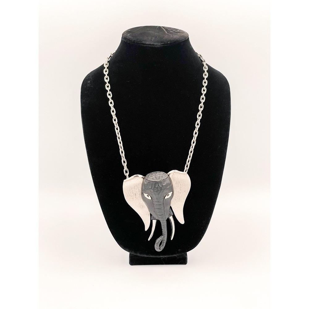 Vtg Elephant Head Necklace – Attributed to Luca Razza, Resin & Silvertone Metal